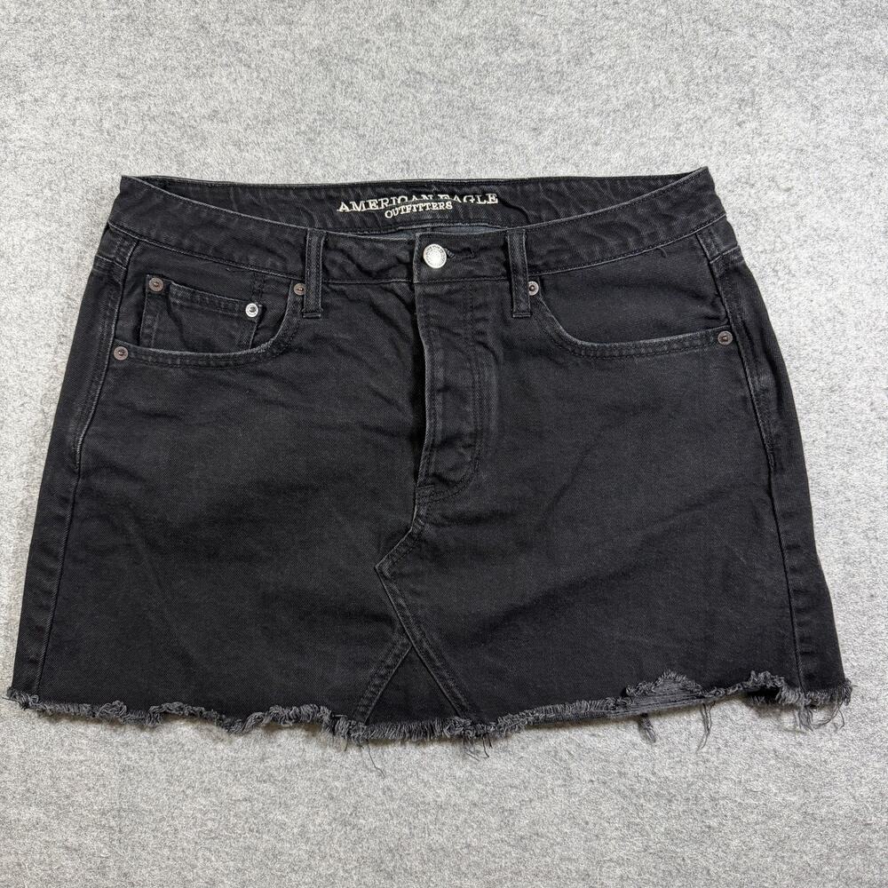 American Eagle Denim Mini Skirt Womens 12 Black Frayed Raw Hem Five Pocket